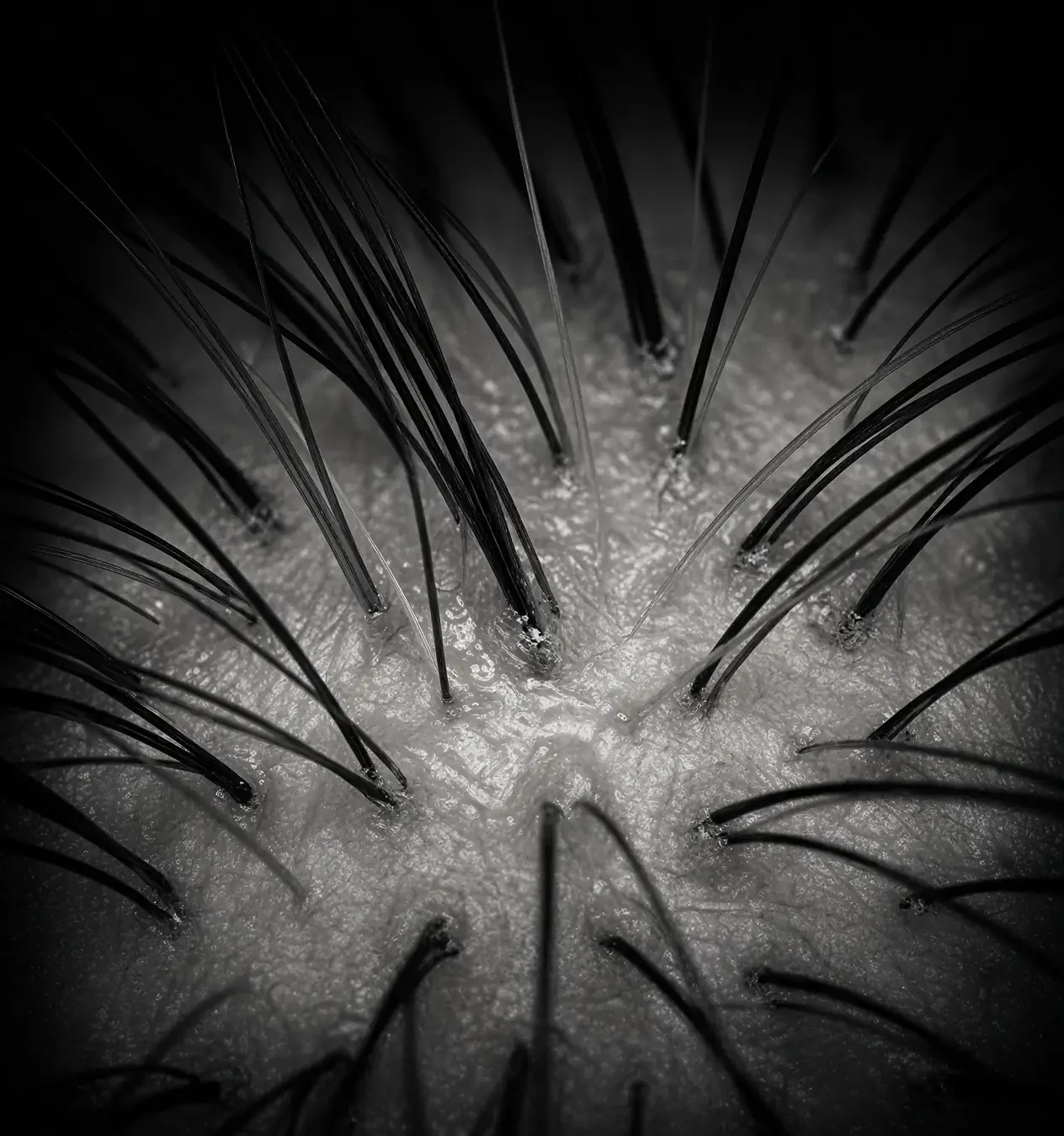 Trichoscopy view of scalp hair follicles with sebum