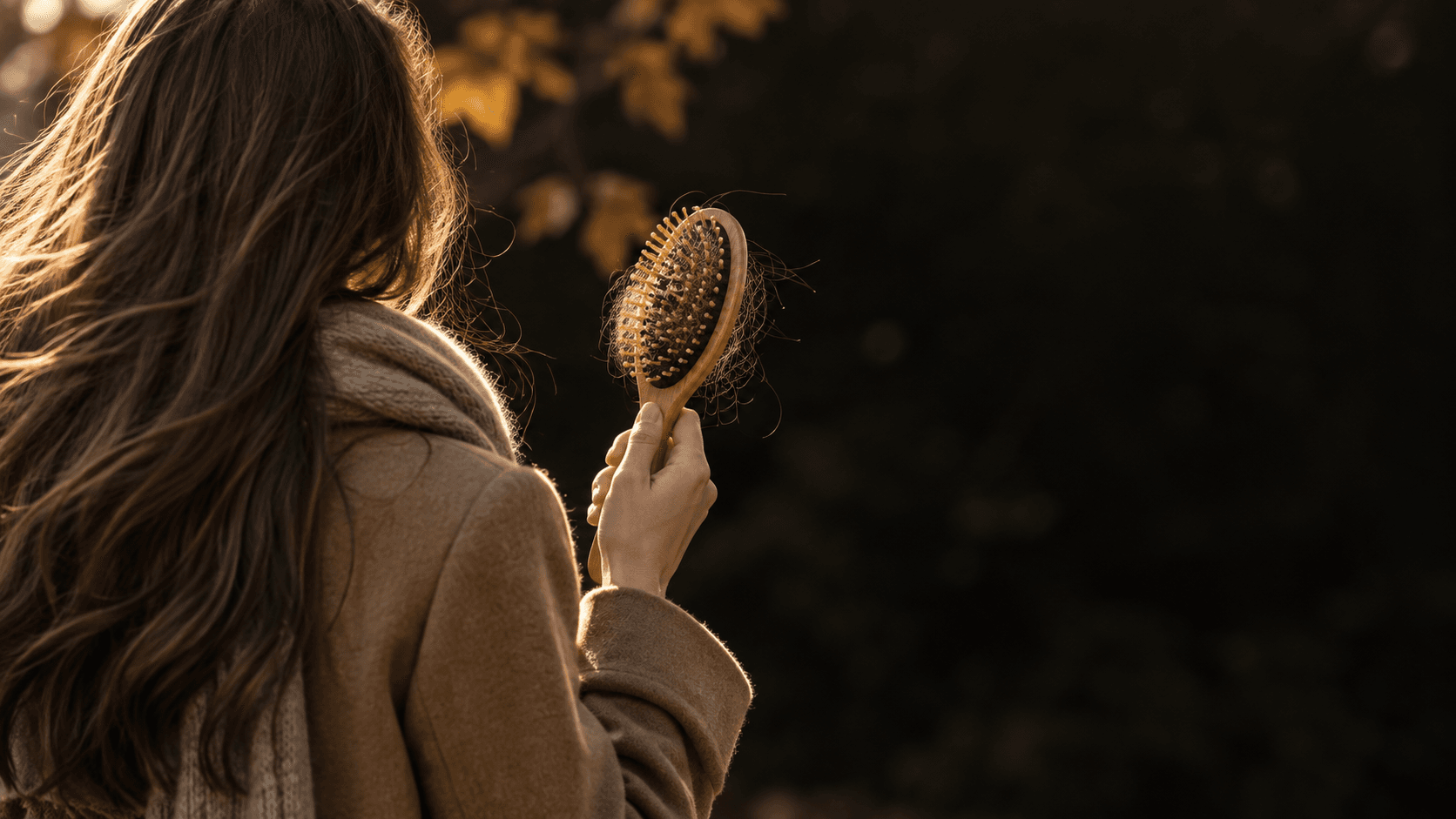 Autumn hair loss: woman in a camel coat holding a wooden brush with shed hairs in the bristles