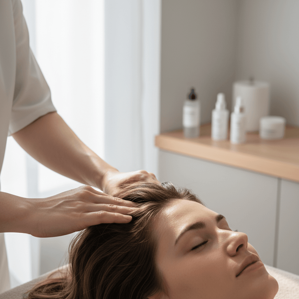 Trichology professional giving a client a gentle scalp massage