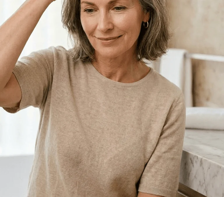 Woman around menopause noticing hair thinning at the parting