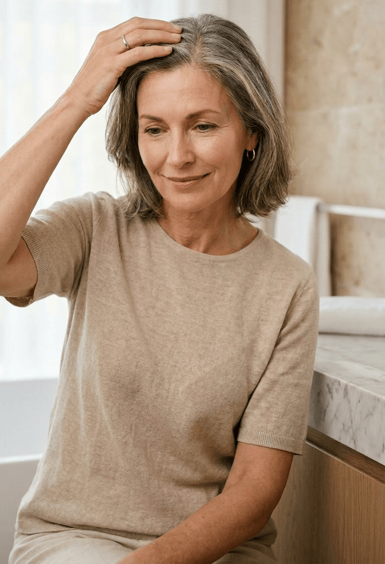 Woman around menopause noticing hair thinning at the parting