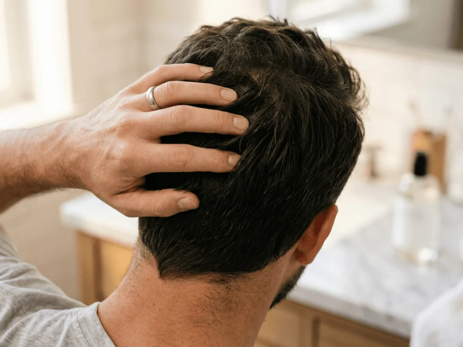 Man running his fingers through clean, healthy hair — the scalp microbiome
