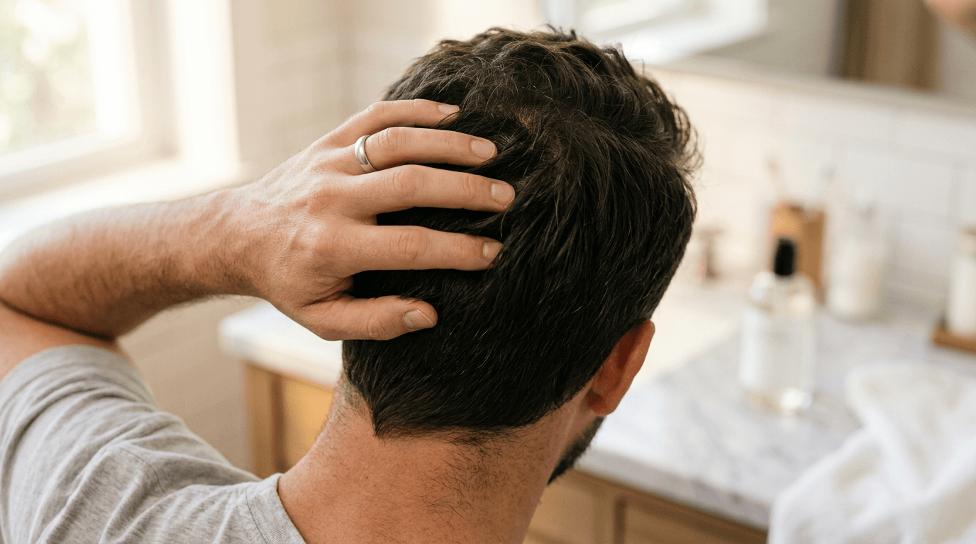 Man running his fingers through clean, healthy hair — the scalp microbiome
