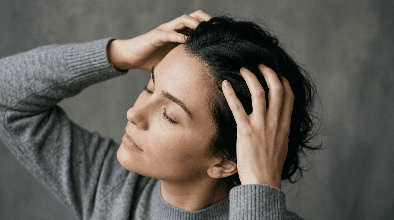Woman massaging her scalp with both hands — scalp health