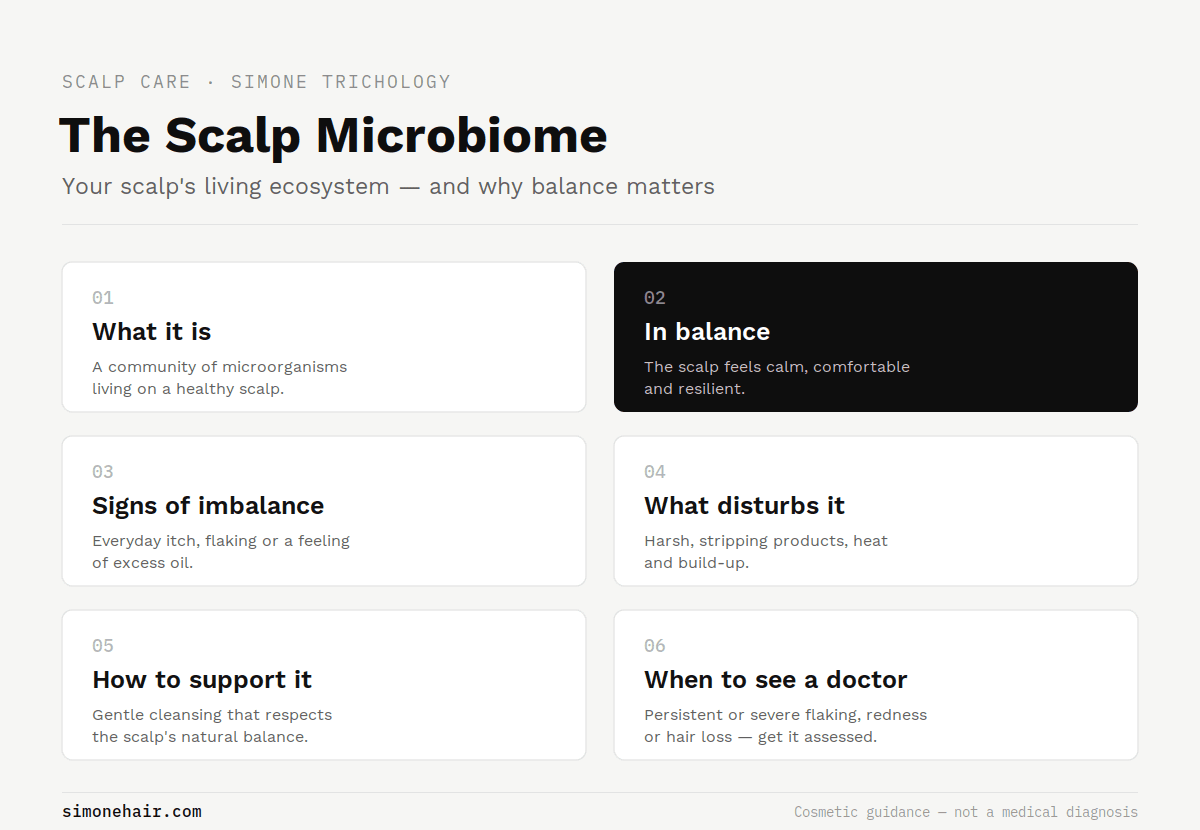 Infographic explaining the scalp microbiome: what it is, what balance means and when to see a doctor