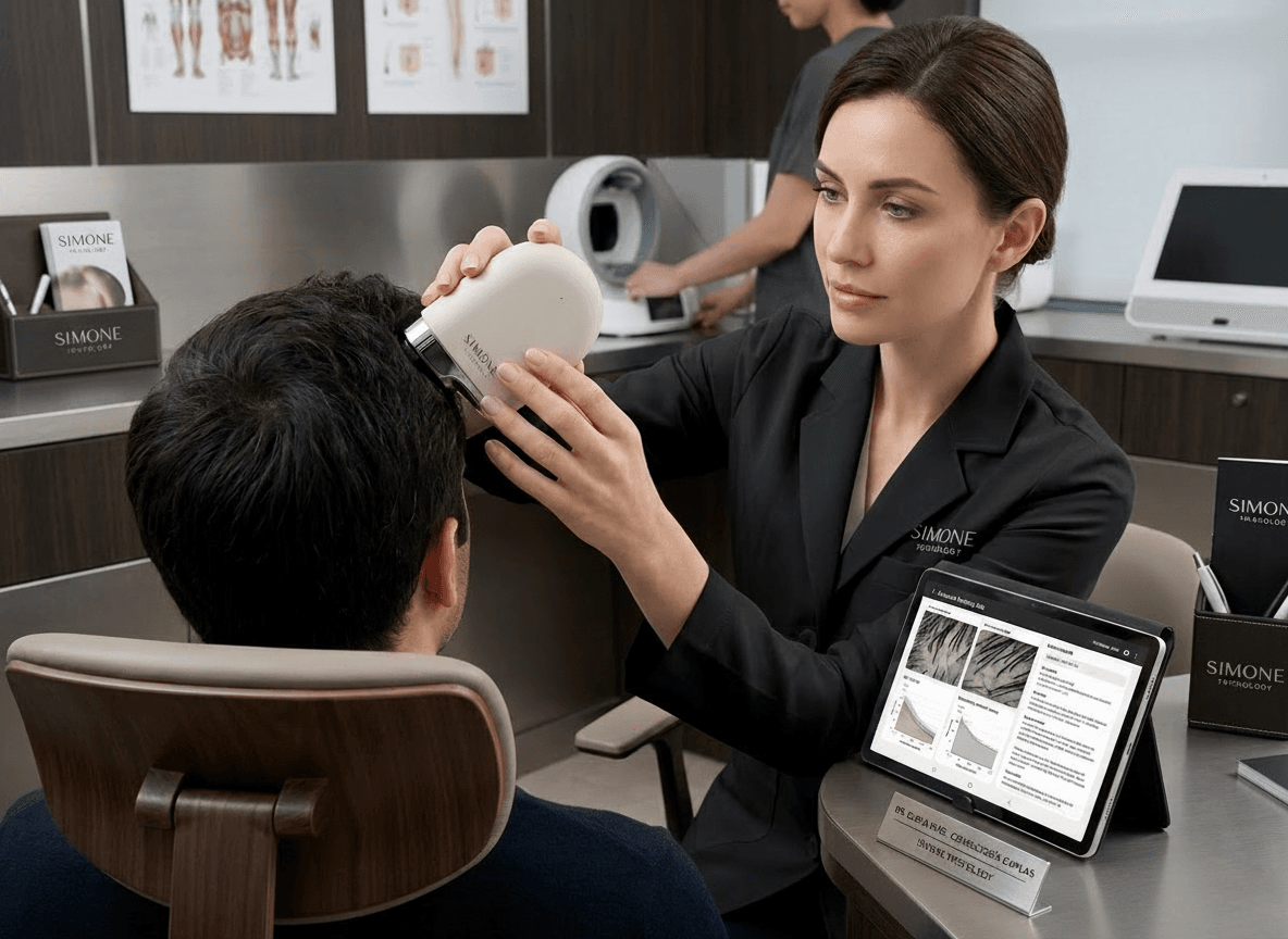 AI scalp analysis with the Simone AI Hair Clinic scanner during a professional trichology consultation