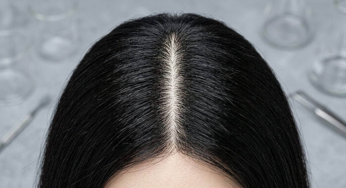Healthy scalp parting with dense dark hair — scalp longevity