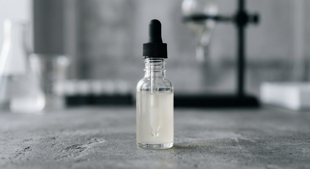 Glass dropper with a drop of hair serum on a grey laboratory background — trichoceuticals vs dermocosmetics