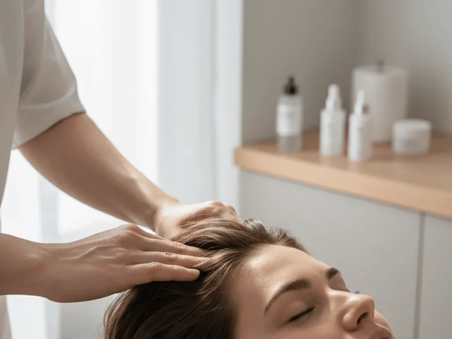 Trichology professional giving a client a gentle scalp massage