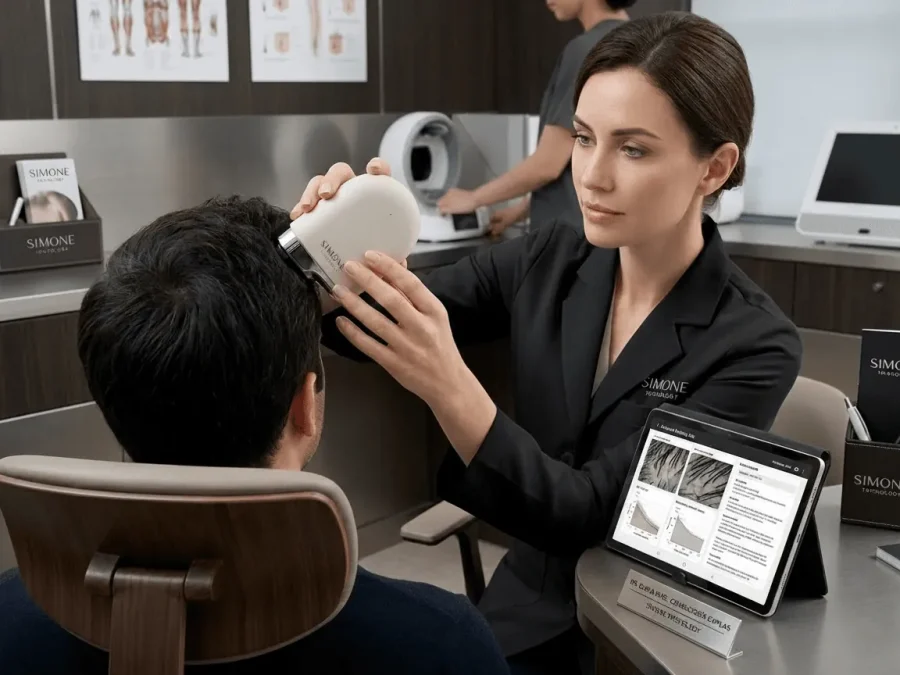 AI scalp analysis with the Simone AI Hair Clinic scanner during a professional trichology consultation
