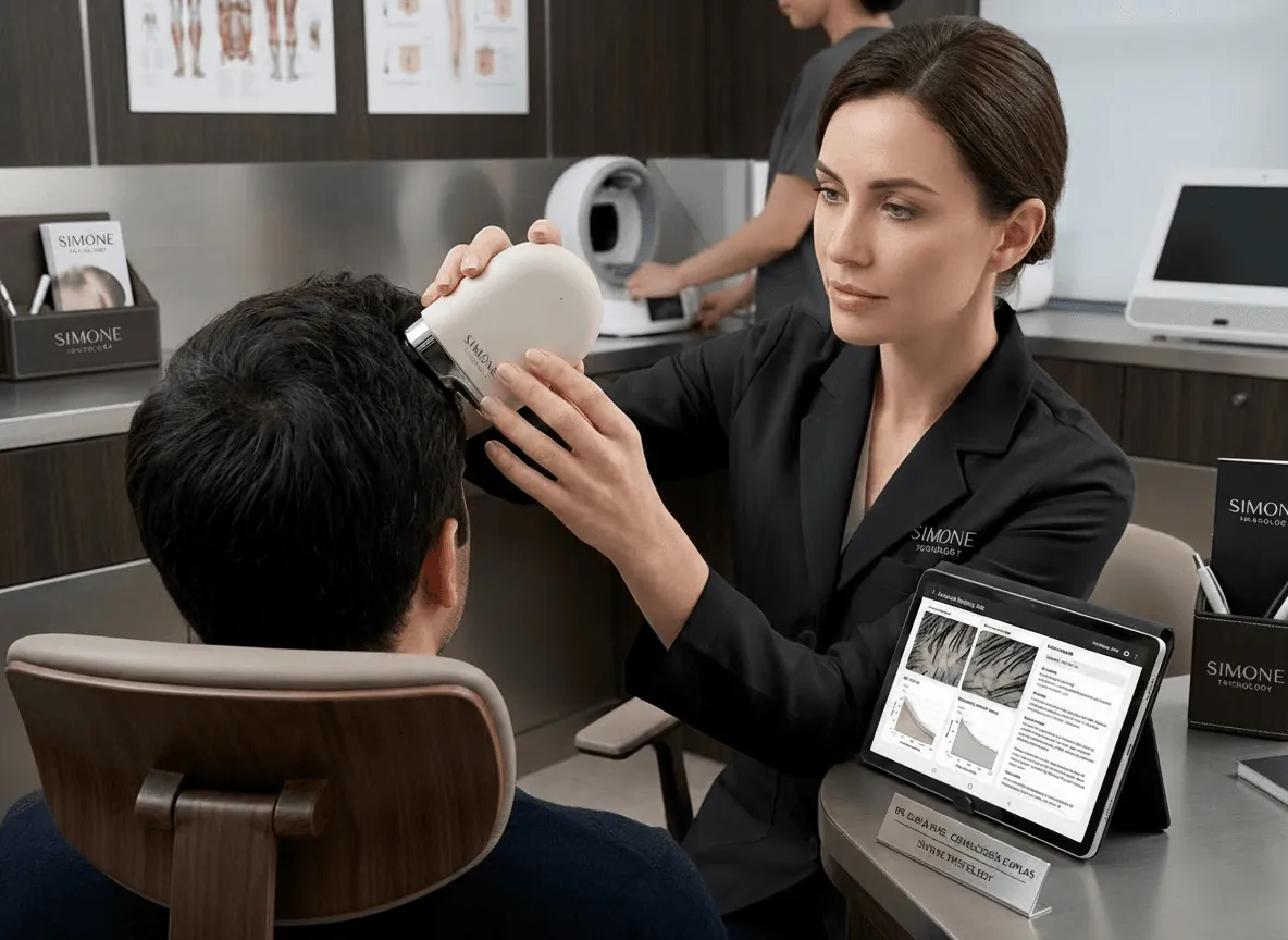 AI scalp analysis with the Simone AI Hair Clinic scanner during a professional trichology consultation