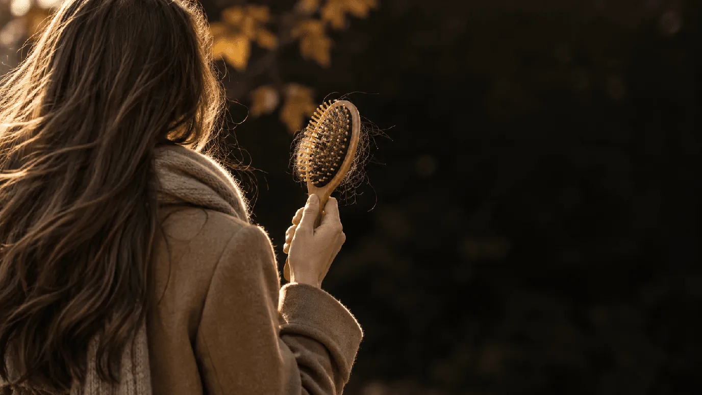 Autumn hair loss: woman in a camel coat holding a wooden brush with shed hairs in the bristles
