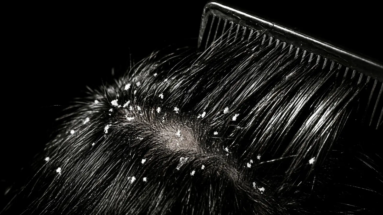 Dandruff flakes on the scalp with a comb parting the hair