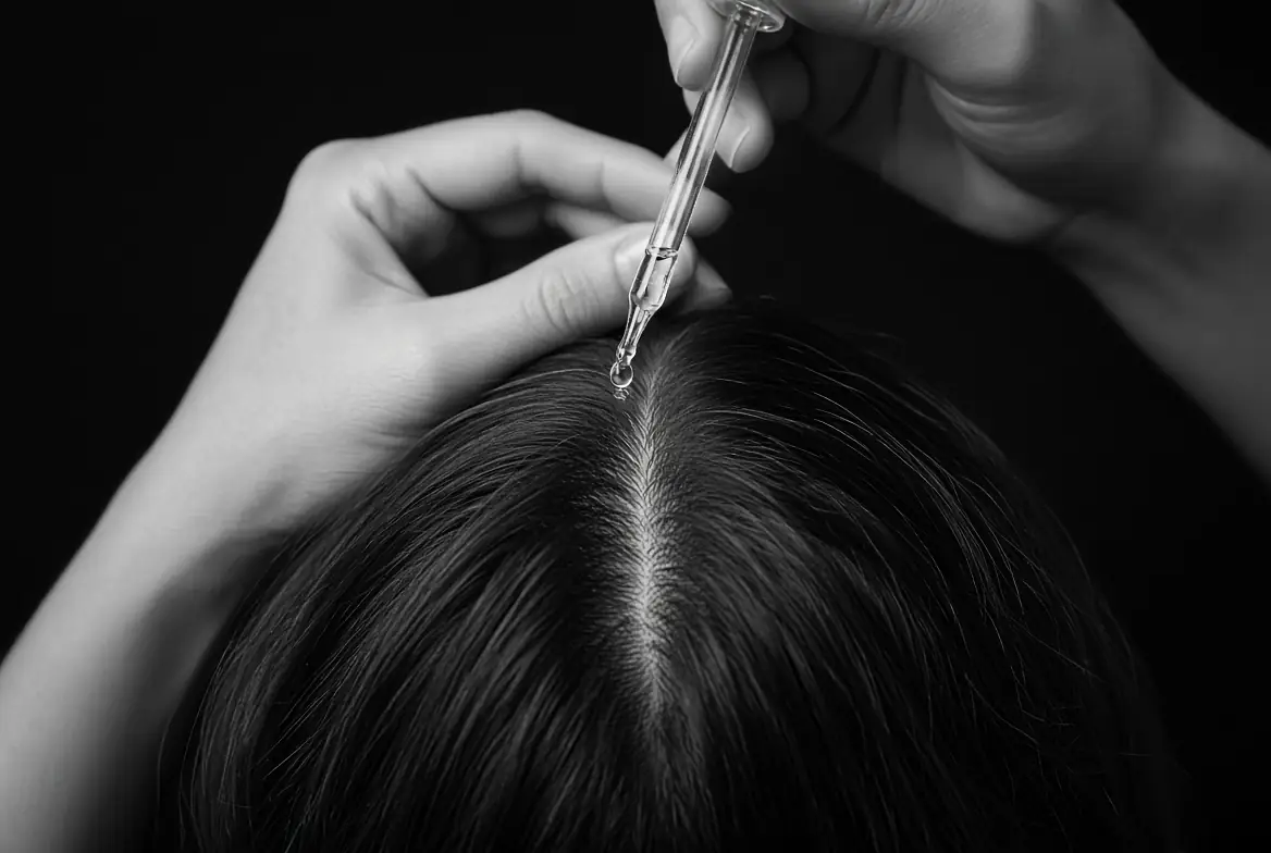 Dropper applying a drop of hair serum on the parting, seen from above