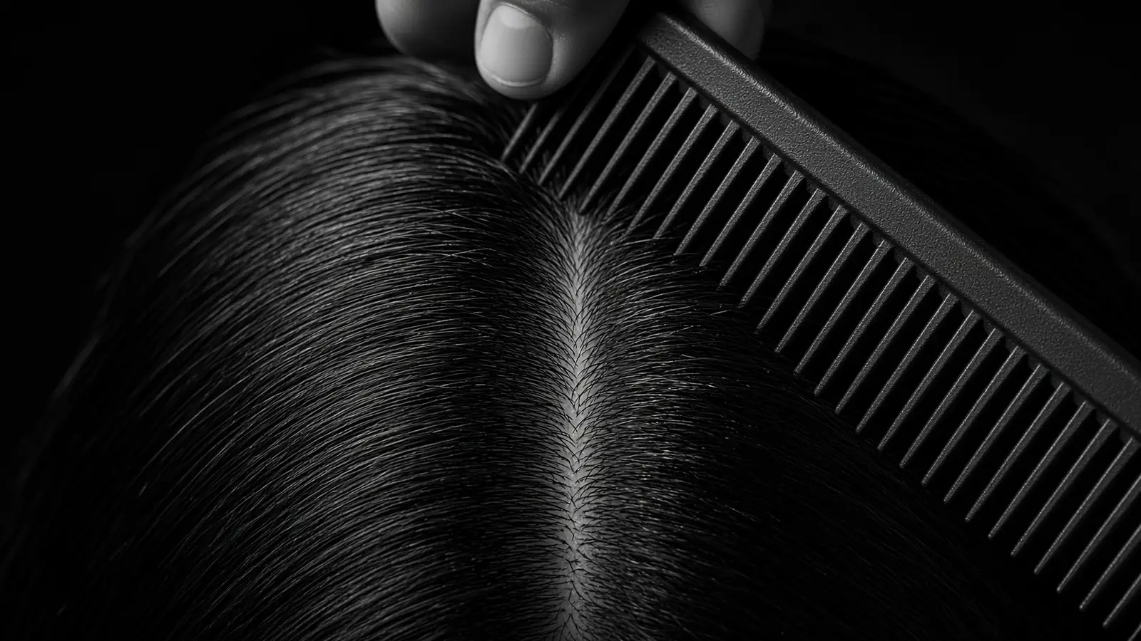 Comb parting healthy hair to show the scalp