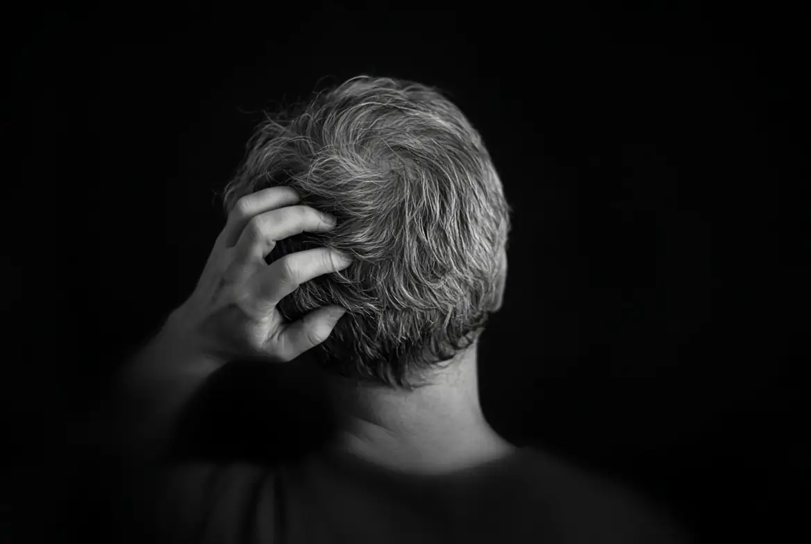Man with grey hair scratching the back of his head because of an itchy scalp
