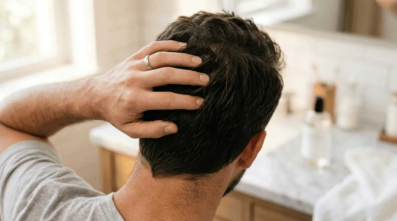 Man running his fingers through clean, healthy hair — the scalp microbiome