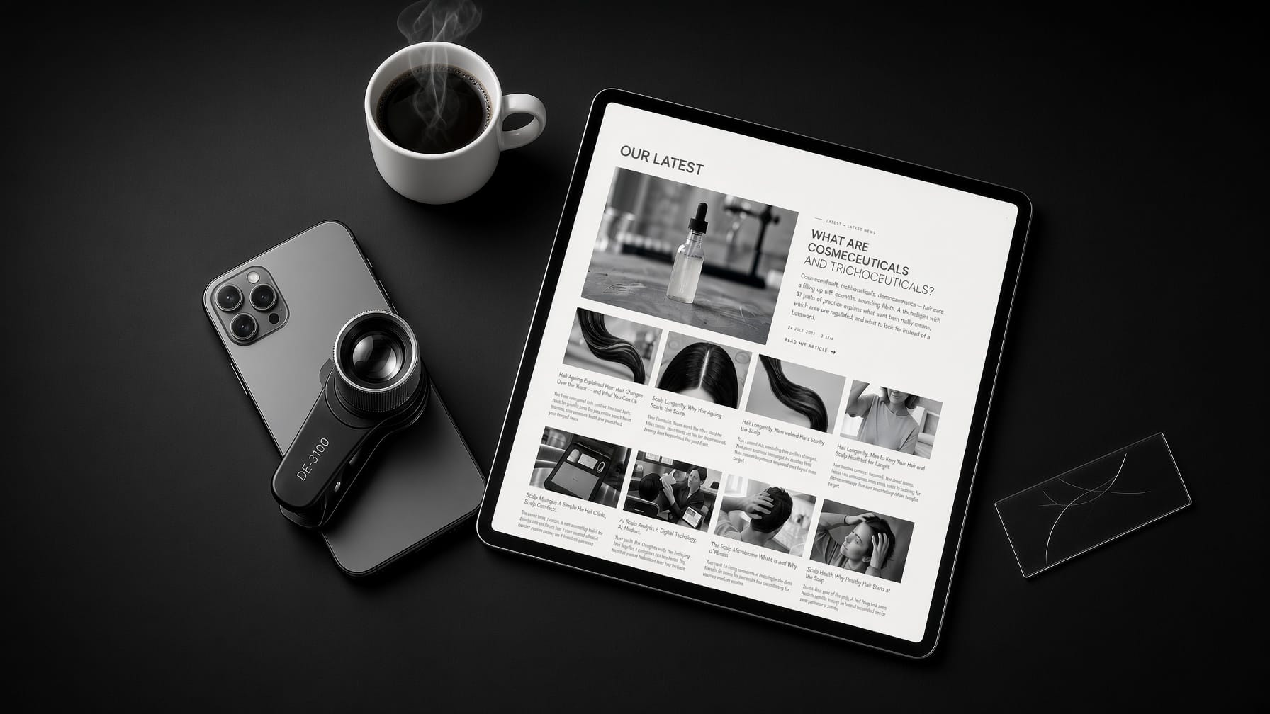 Tablet displaying a hair care journal beside coffee and a smartphone