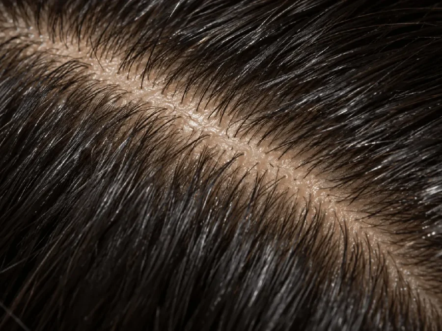 Oily scalp (seborrhoea): straight parting in dark hair with visible sebum shine and greasy roots