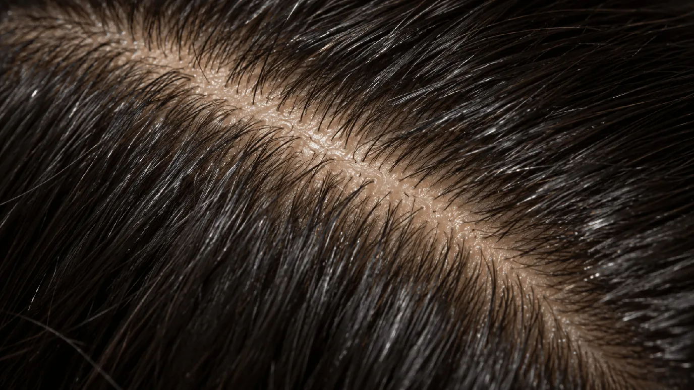 Oily scalp (seborrhoea): straight parting in dark hair with visible sebum shine and greasy roots