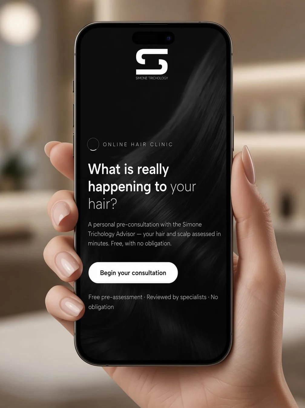 SIMONE Hair Scanner app on a smartphone — free hair and scalp analysis by SIMONE TRICHOLOGY