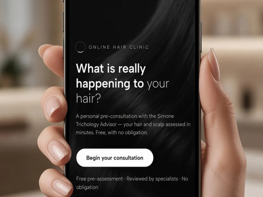 SIMONE Hair Scanner app on a smartphone — free hair and scalp analysis by SIMONE TRICHOLOGY