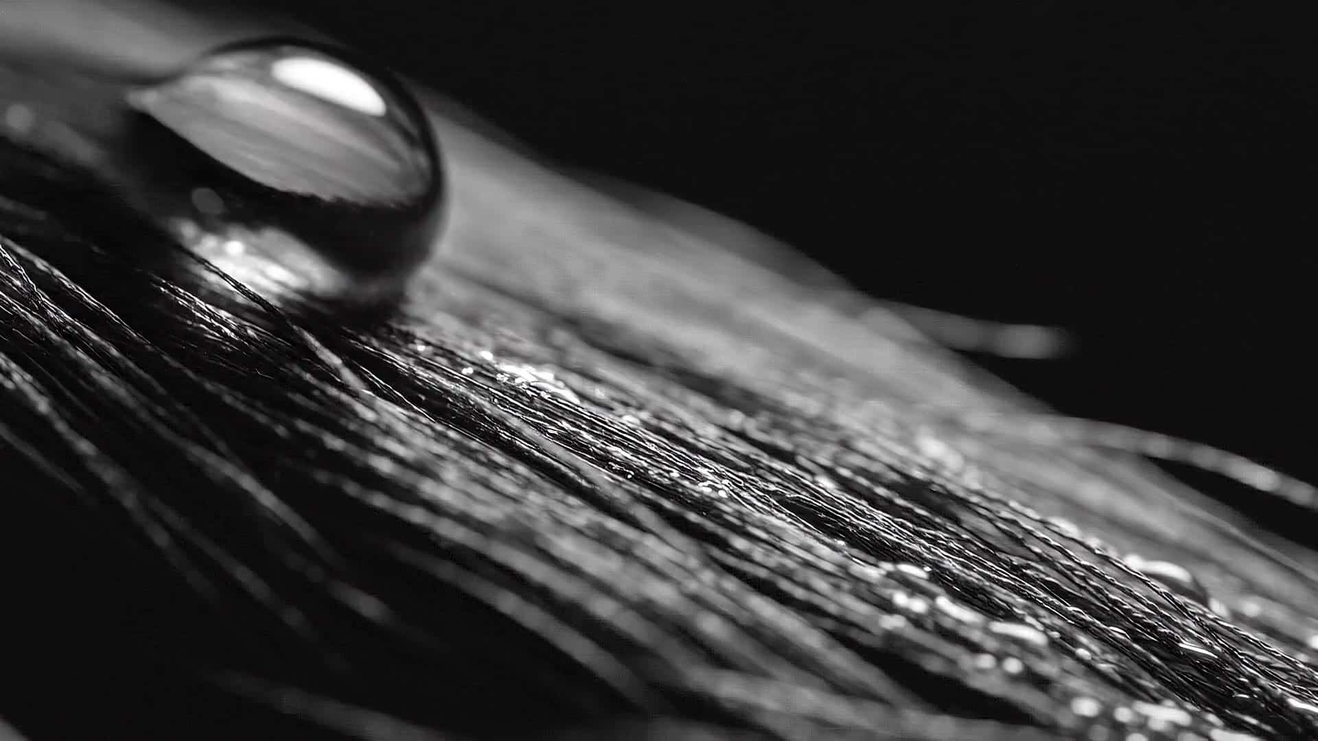 Macro of a serum droplet resting on dark hair fibres – exosome hair care by Simone Trichology