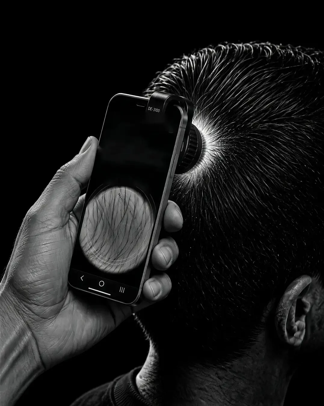 Phone with a dermatoscope attached showing a trichoscopy image of a man's scalp