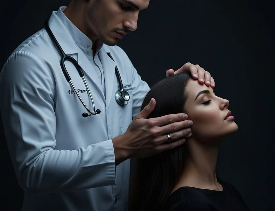 Trichologist examining female patient's hair and scalp