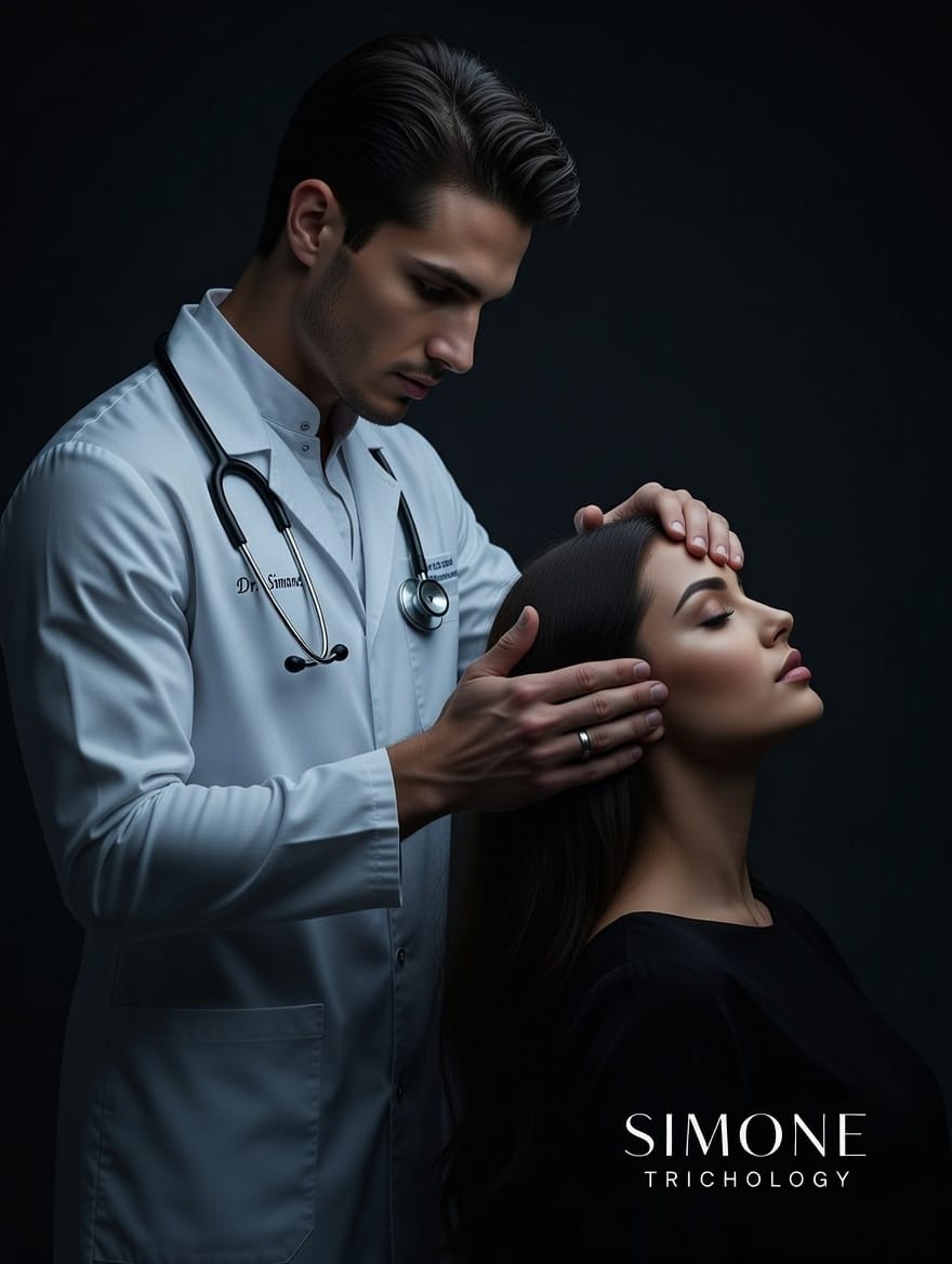 Trichologist examining female patient's hair and scalp