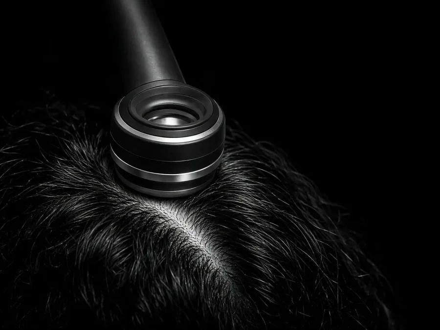 Trichoscope lens examining the scalp along the hair parting