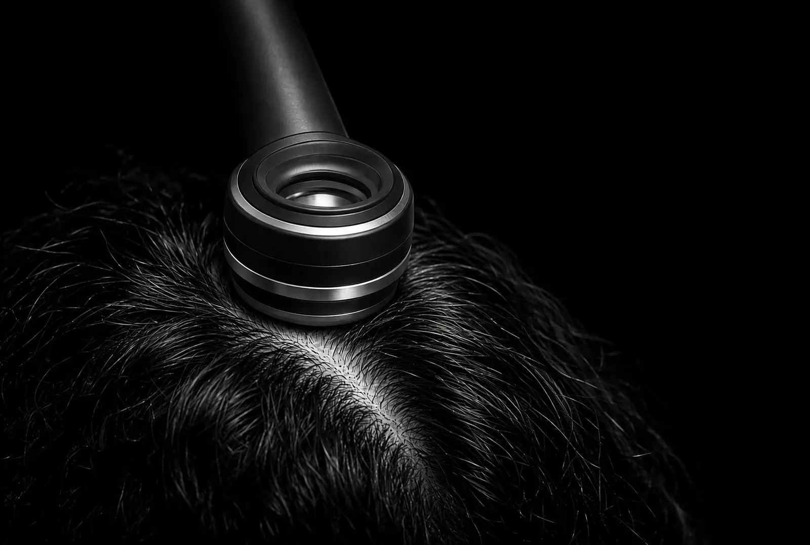 Trichoscope lens examining the scalp along the hair parting