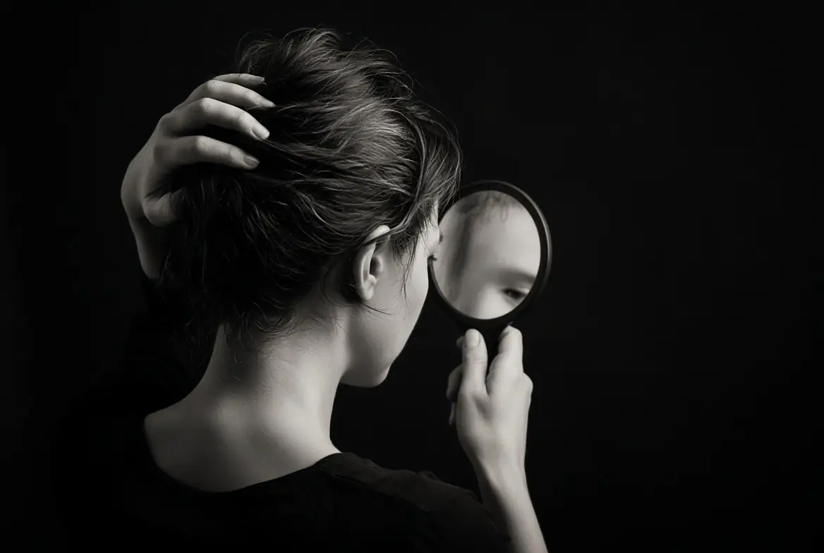 Woman seen from behind checking her scalp with a hand mirror