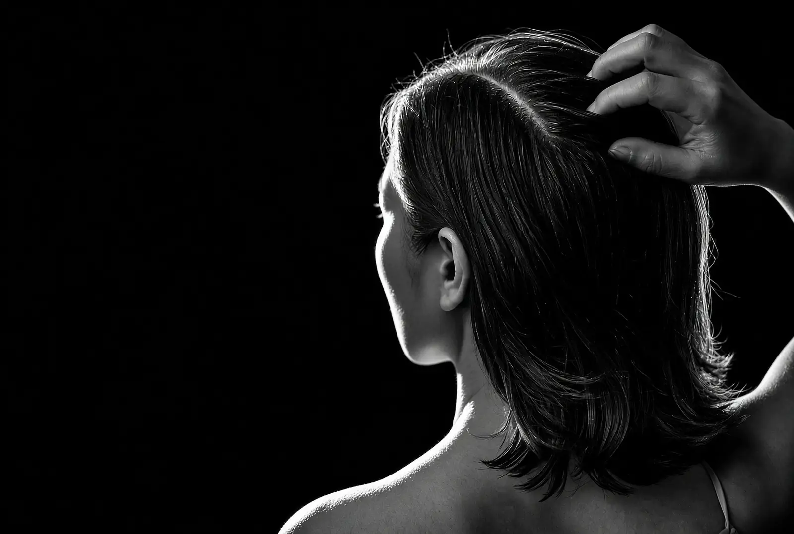 Woman seen from behind running her hand through her hair